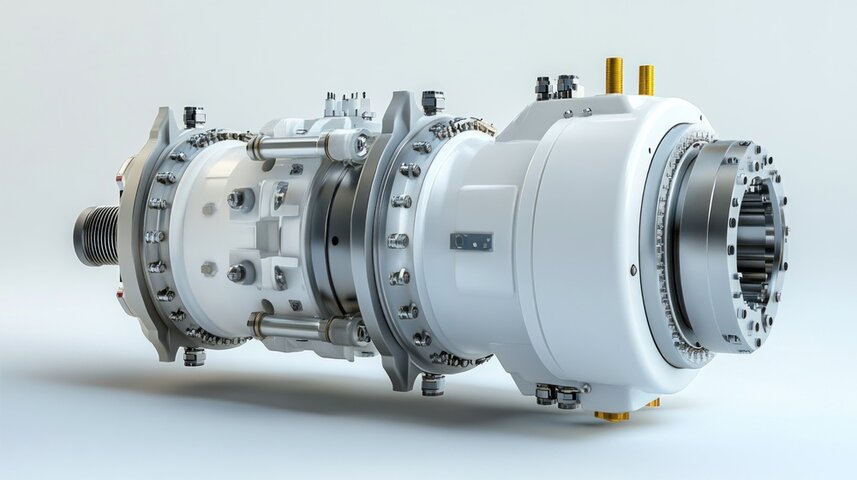 Um compressor centrífugo de tubulação altamente detalhado com componentes industriais em um elegante acabamento branco